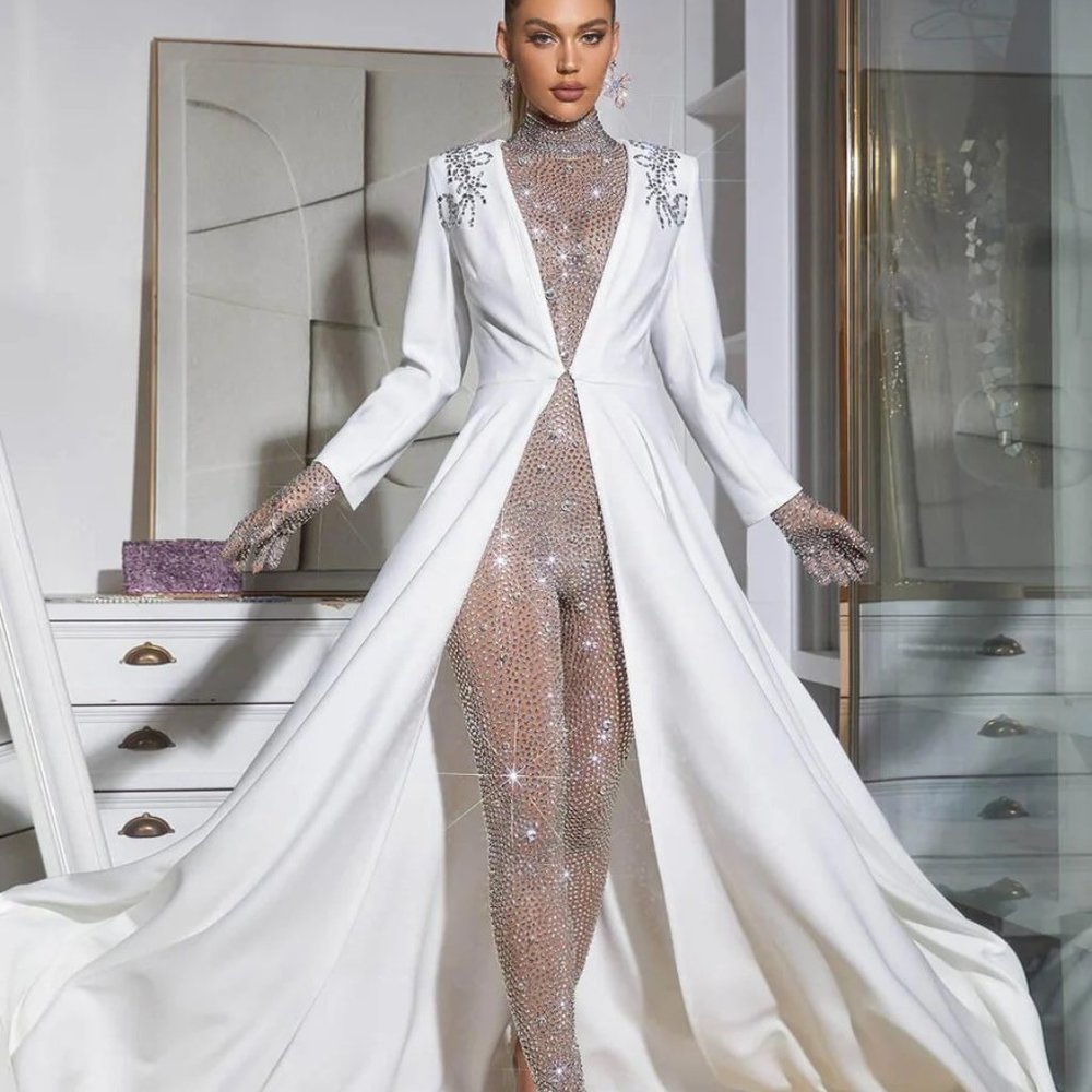 Mew Mews Crystal Embellished Coat and matching crystal Jumpsuit